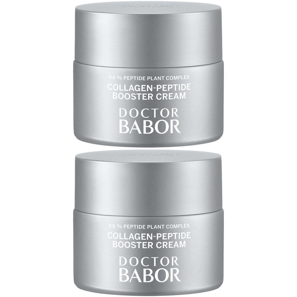 Twee zilverkleurige crèmetiegels. Opschrift: Collagen-Peptide Booster Cream, Doctor Babor.