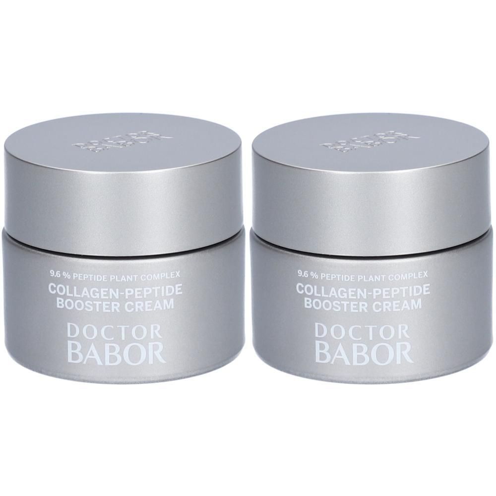 Twee zilveren potjes. Opschrift: Doctor Babor, Collagen-Peptide Booster Cream.