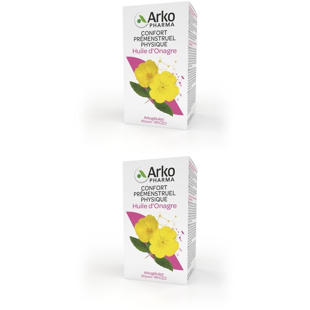 Boîte blanche Arkopharma. Logo et nom du produit. Illustration de fleurs jaunes et feuilles. Texte: Confort Prémenstruel Physique Huile d'Onagre.
