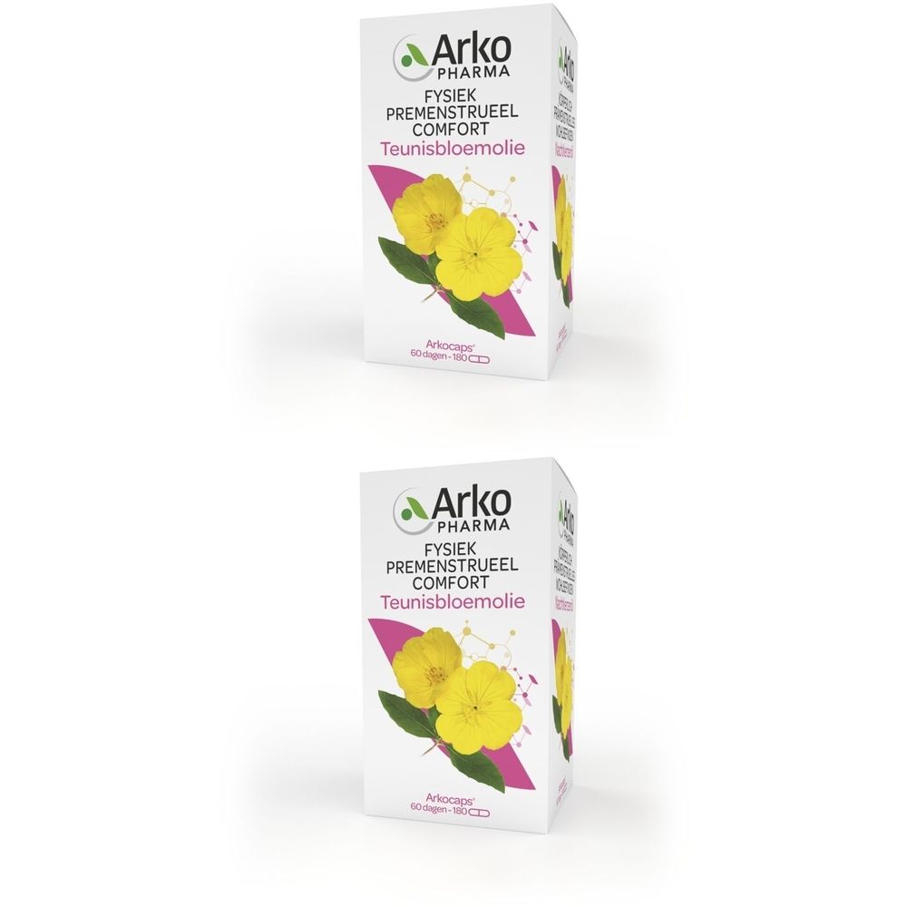 Witte doos met Arkopharma-logo en productnaam. Illustratie van gele bloemen en bladeren. Tekst: Fysiek Premenstrueel Comfort Teunisbloemolie.