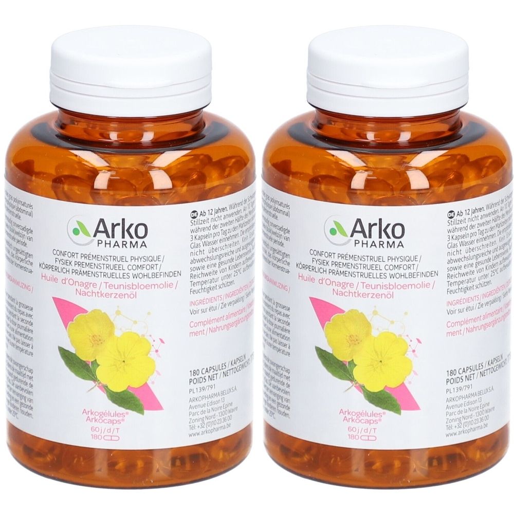 Twee flessen met capsules. Bruine flessen met witte dop en etiket. Op het etiket staat Arkopharma en productinformatie.
