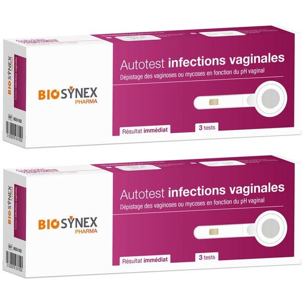 Deux boîtes BIOSYNEX Autotest infections vaginales. Boîtes blanches avec texte et illustration de test.