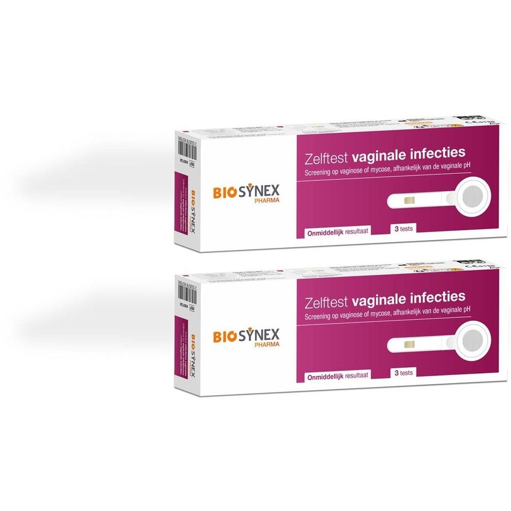 Twee dozen BIOSYNEX Zelftest vaginale infecties. Witte dozen met tekst en teststrip afbeelding.