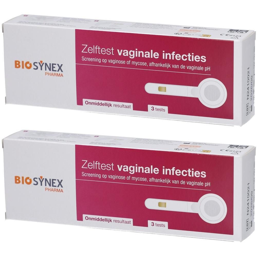 Twee dozen met BIOSYNEX-logo. Opschrift: Zelftest vaginale infecties. Bevat teststaafjes. Verpakking met 3 tests.