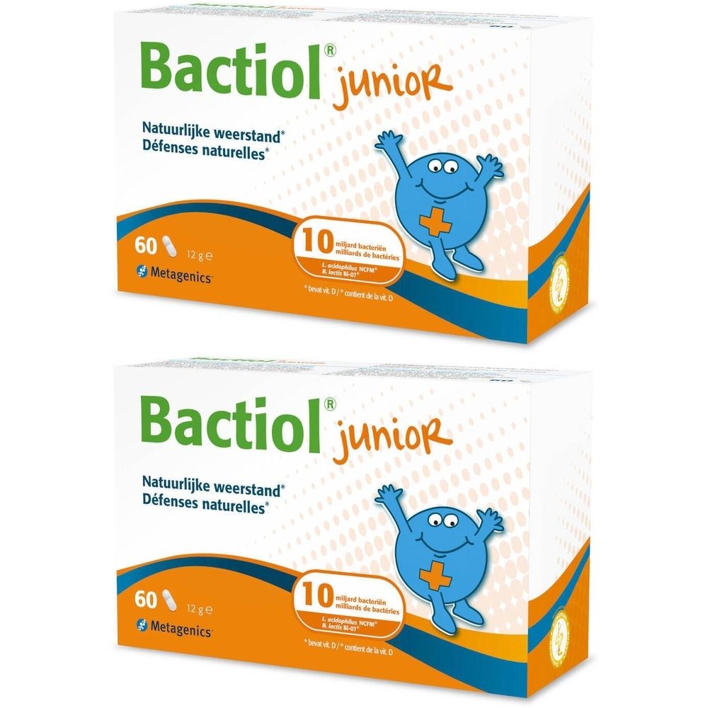 Deux boîtes blanches avec le logo Bactiol junior. Inscription : Natuurlijke weerstand, Défenses naturelles. 60 pièces, 10 sachets. Logo Metagenics.