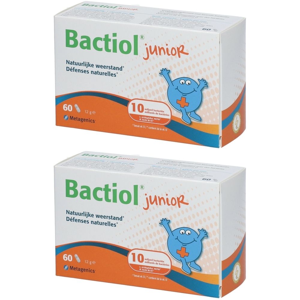 Twee dozen "Bactiol junior". Opschrift "Natuurlijke weerstand". 60 zakjes, 12 g. Met blauwe mascotte.