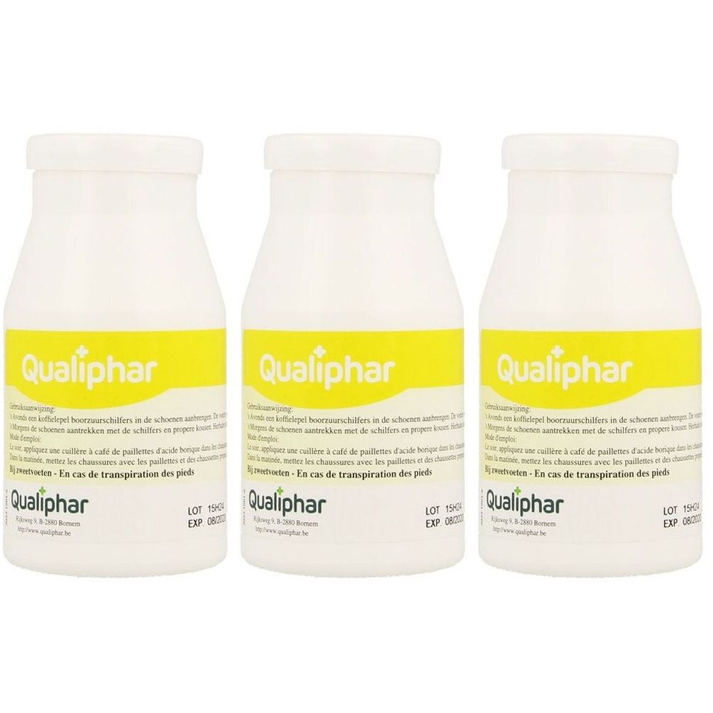 Drie witte flessen met gele etiketten. "Qualiphar" is zichtbaar. Meertalige tekst. De doppen zijn wit.