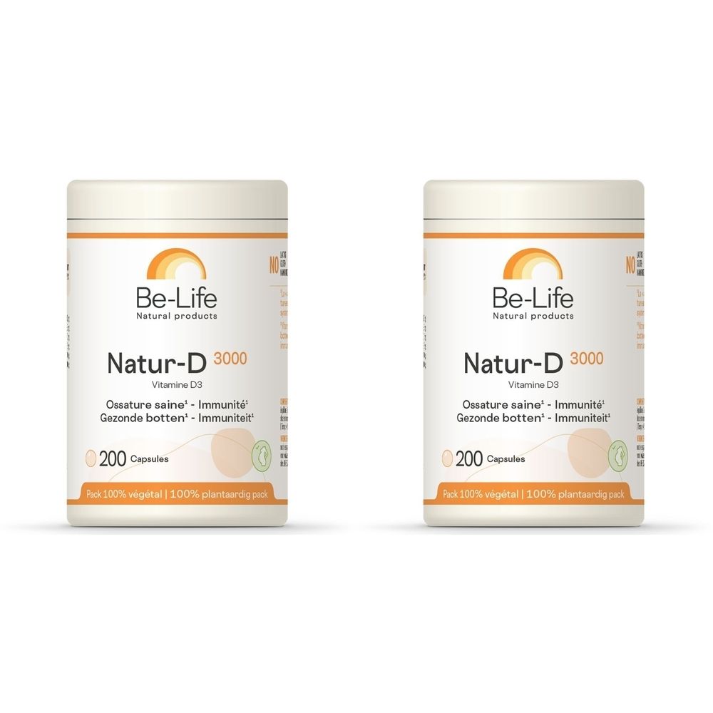 Twee witte potten met opschrift "Be-Life Natur-D 3000". Opschrift: "Vitamine D3", "200 Capsules".