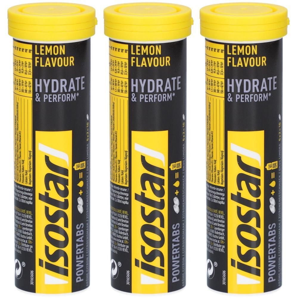Drie cilindrische tubes met gele deksels. Opschrift: Isostar Powertabs, Lemon Flavour, Hydrate & Perform.