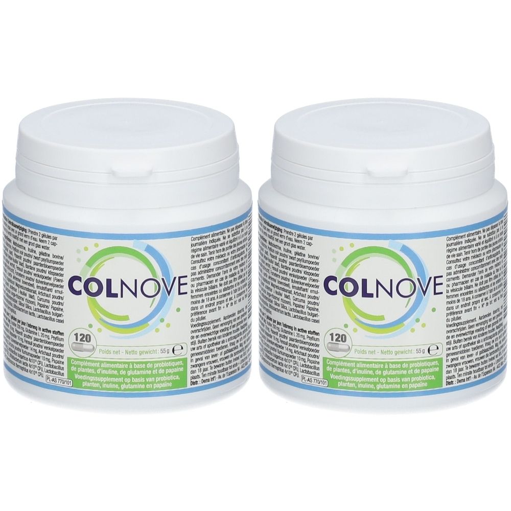 Deux pots blancs avec couvercles. Le nom COLNOVE est visible sur le devant. L'étiquette contient d'autres informations et le chiffre 120.