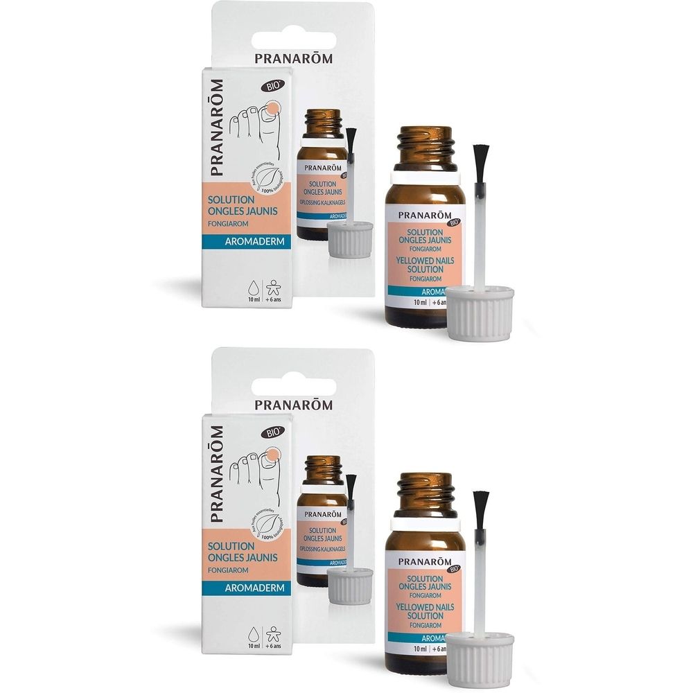 Solution Aromaderm pour ongles, flacon avec pinceau, emballage avec illustration et texte.