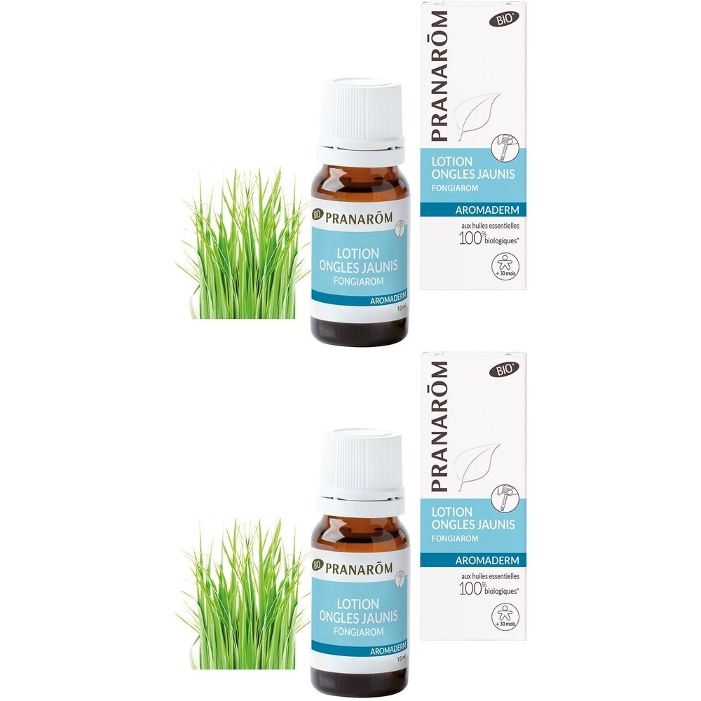 Bruine glazen fles met witte dop en etiket. Daarnaast een doosje met productinformatie. Beide tonen de merknaam PRANAROM.