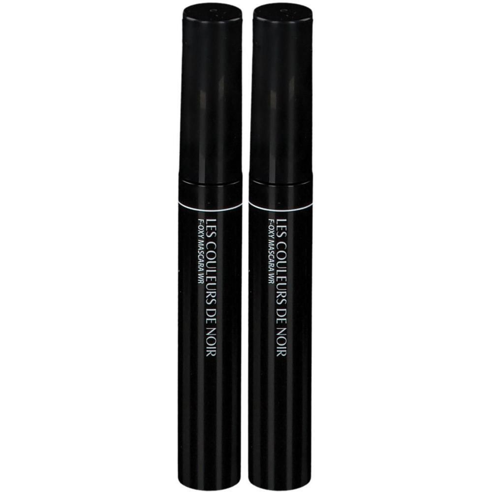 Twee zwarte mascara tubes. Opschrift: Les Couleurs de Noir Foxy Mascara WR.