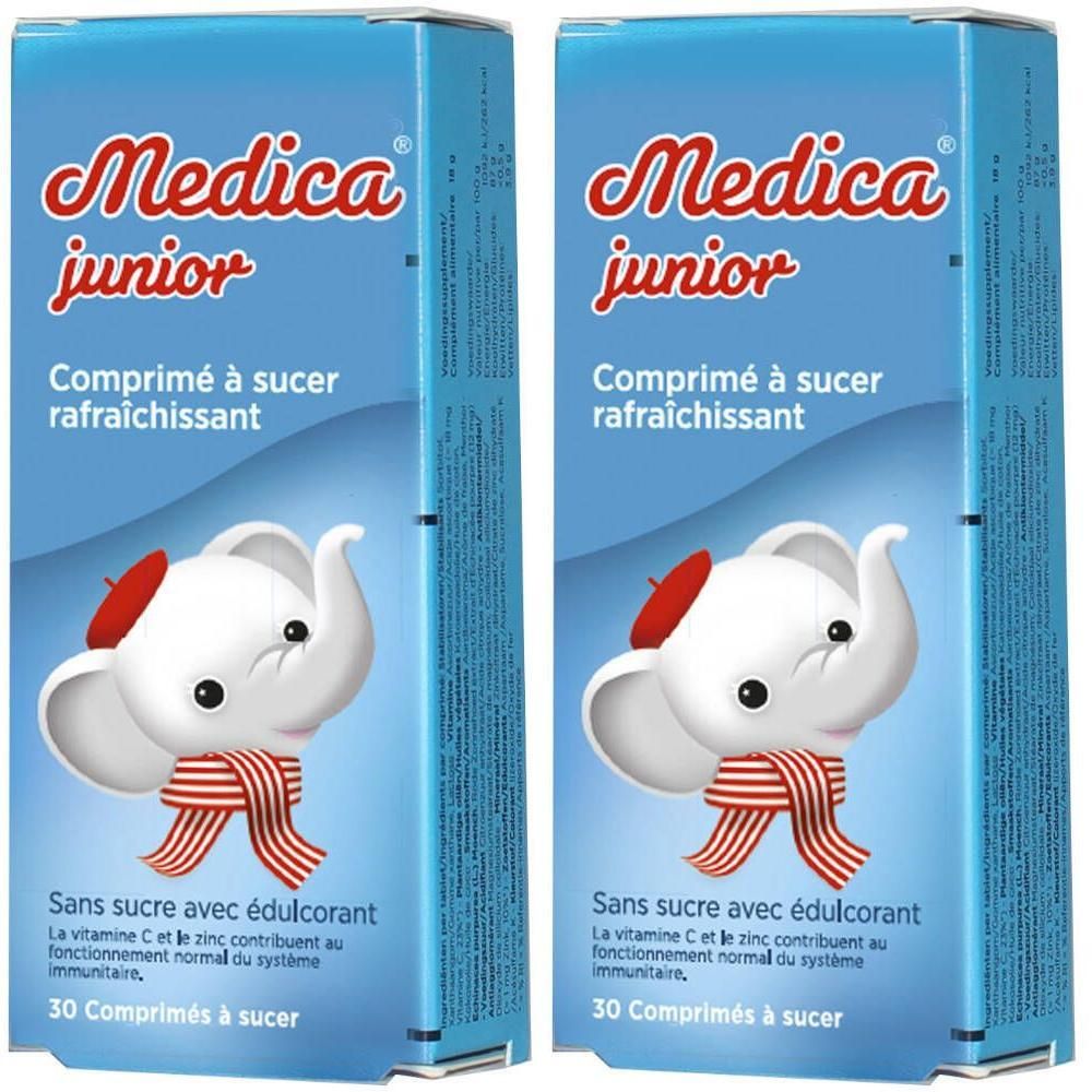 Twee blauwe dozen met "Medica junior" logo, cartoon olifant en tekst. "Comprimés à sucer rafraîchissant" en "Sans sucre avec édulcorant".