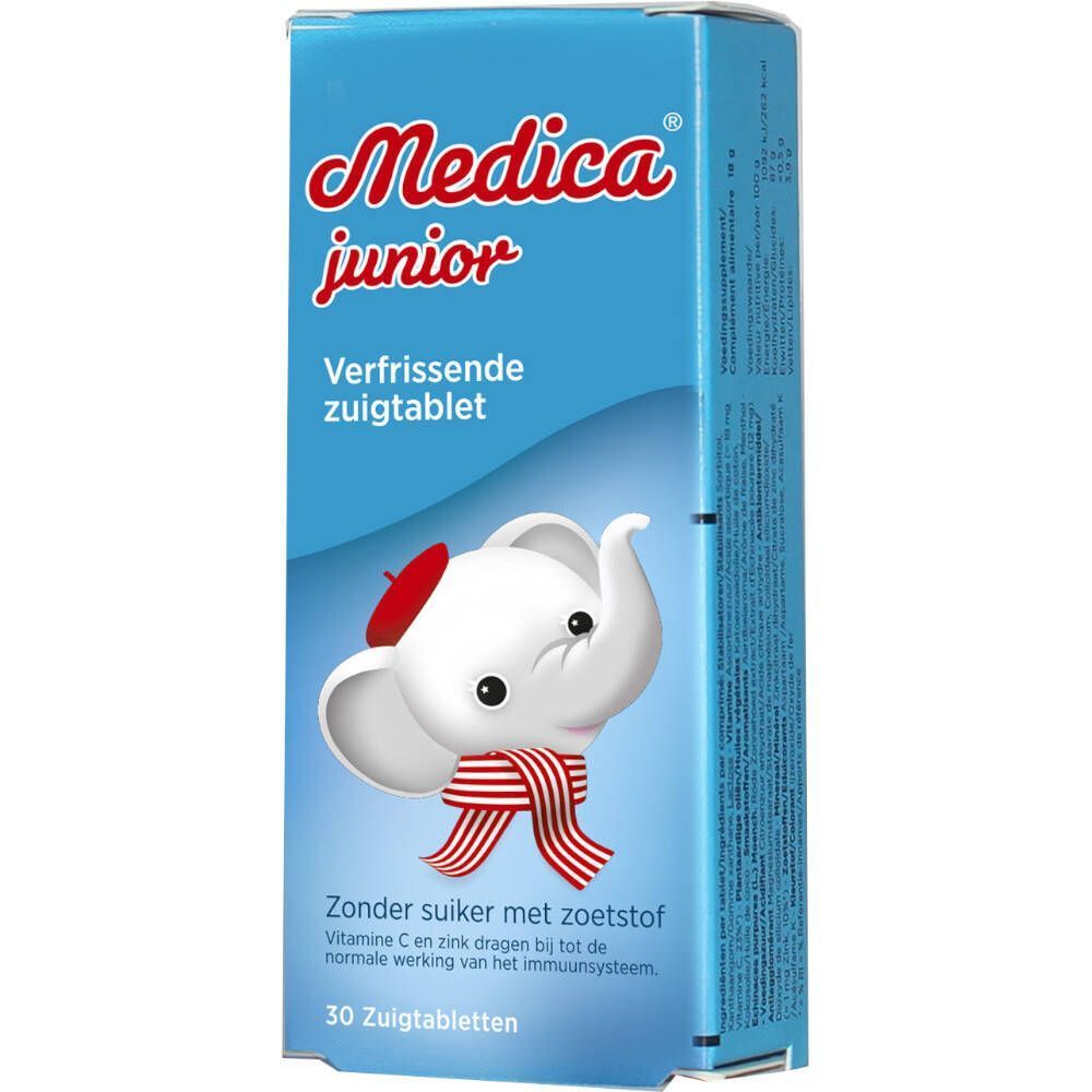 Blauwe doos met "Medica junior" logo, cartoon olifant en tekst. "Verfrissende zuigtablet" en "Zonder suiker met zoetstof".