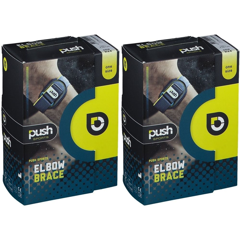 Twee Push Sports elleboogbrace verpakkingen. Zwarte dozen met gele accenten. Opschrift: Elbow Brace, One Size.