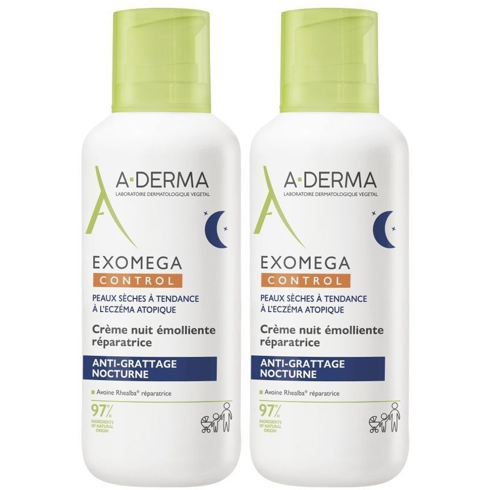 Twee witte flessen met groene doppen. Opschrift: A-DERMA EXOMEGA CONTROL, nachtcrème voor de eczeemgevoelige huid.
