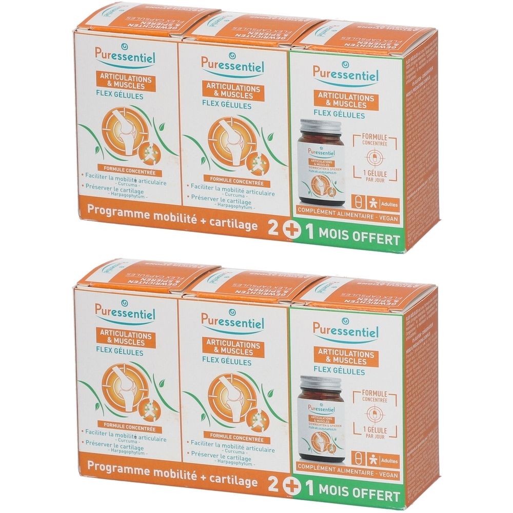 Meerdere verpakkingen van het product. Opschrift: Puressentiel Articulations & Muscles Flex Gélules. 2+1 maanden gratis.