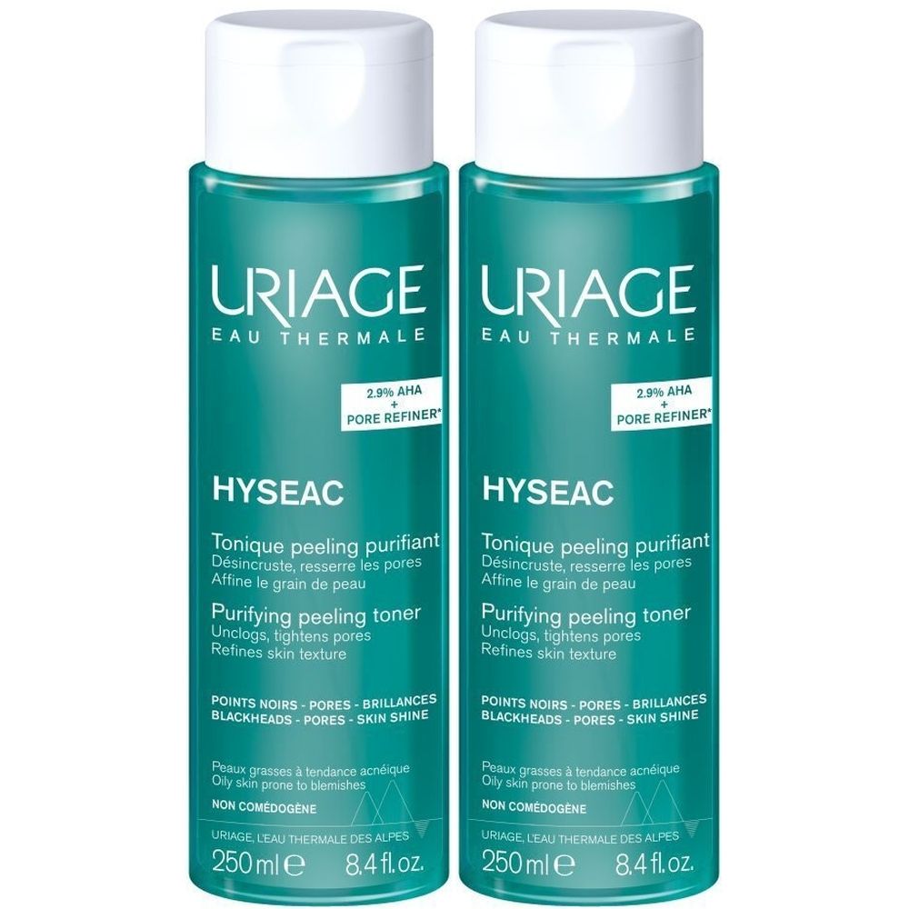 Deux flacons de Uriage Hyseac Tonique Peeling Purifiant. Flacons turquoise avec bouchon blanc. Texte: Uriage, Hyseac, 250ml.