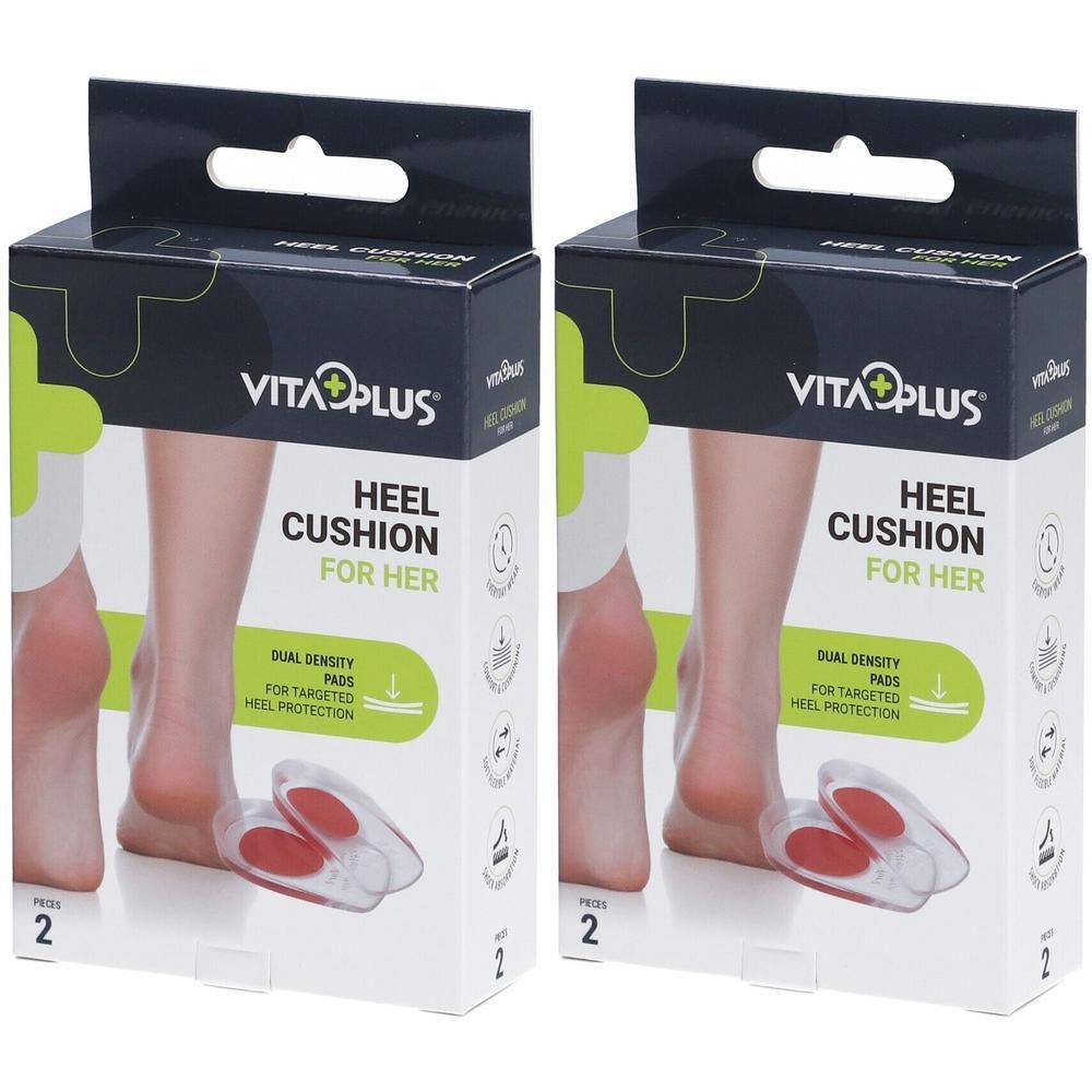 Twee verpakkingen hielkussens. Opschrift: Vita Plus, Heel Cushion for Her. Dual Density Pads voor gerichte hielbescherming. Verpakking van 2.