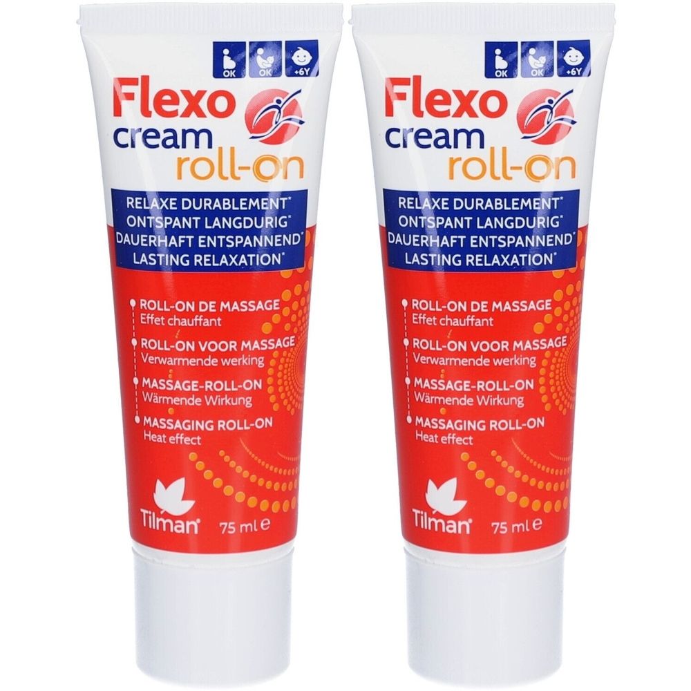 Deux tubes de Flexo cream roll-on. Emballage blanc et rouge avec nom du produit et textes multilingues. 75 ml.