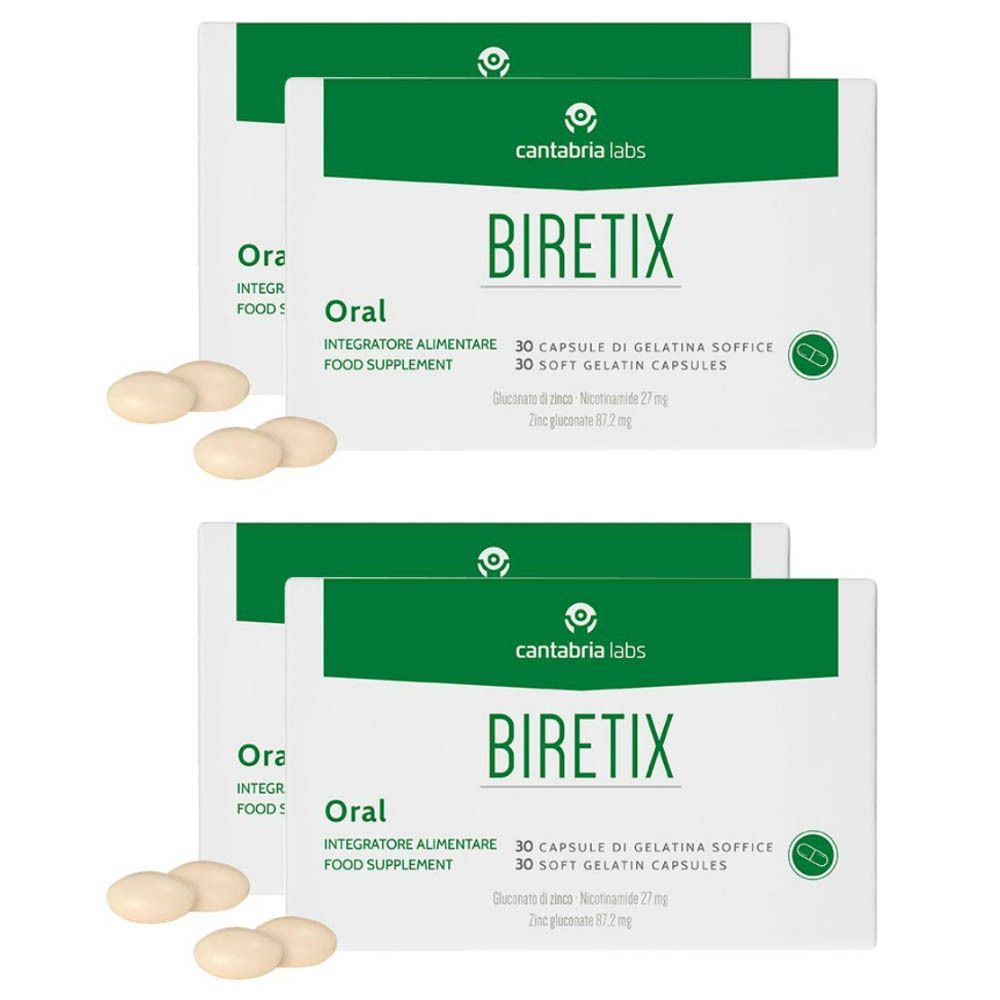 Deux boîtes de Biretix avec gélules. Inscription : Biretix Oral, complément alimentaire. Gélules à côté.