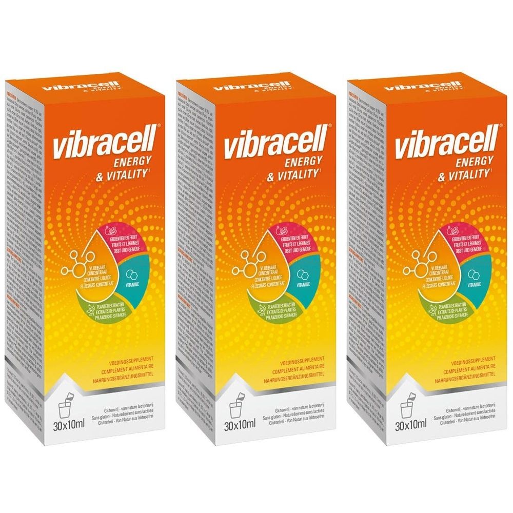 Drie dozen met de tekst Vibracell Energy & Vitality. Op elke verpakking staat een gekleurde afbeelding en de aanduiding 30x10ml.