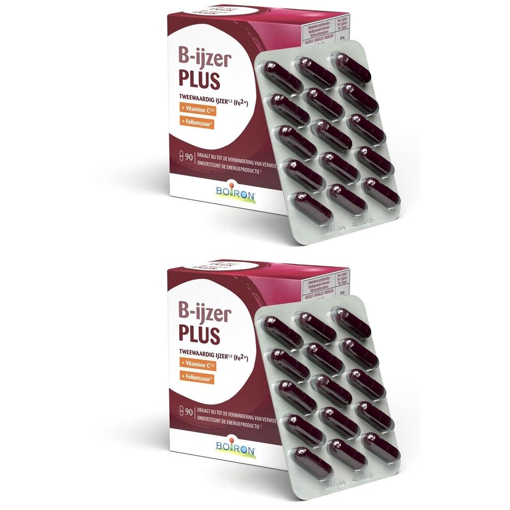 Twee verpakkingen B-ijzer PLUS met capsules in blisters. Opschrift: B-ijzer PLUS, vitamine C, ijzer, 90 capsules. Merk: Boiron.