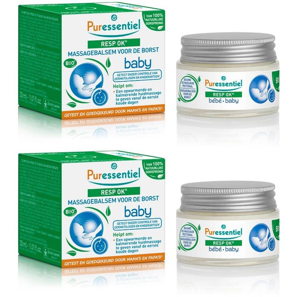 Twee crèmepotten en twee dozen. Opschrift: Puressentiel, RESP OK, baby. Bio-certificering. Met deksel.