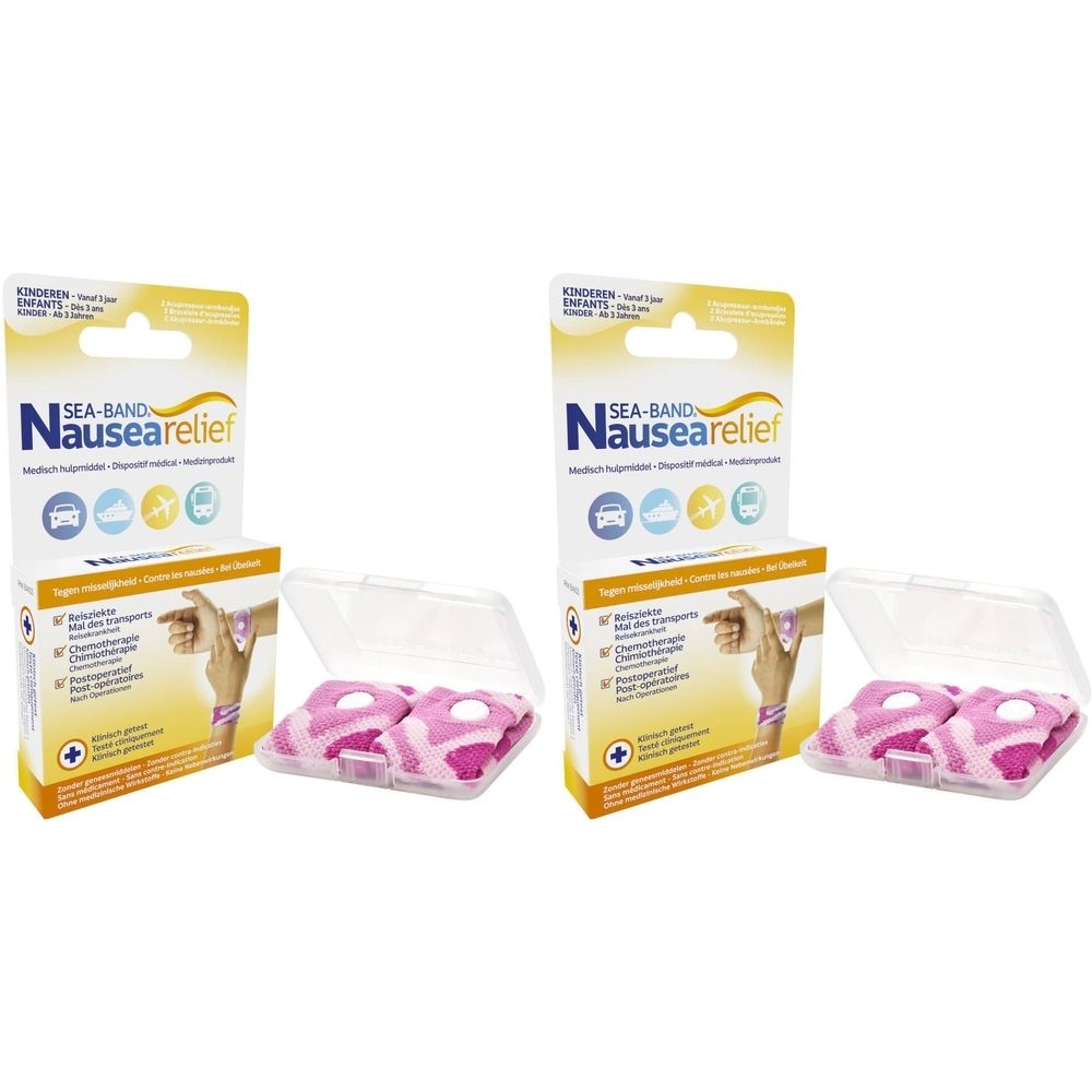 Deux boîtes de Sea-Band Nausea Relief. Chaque boîte contient deux bracelets roses dans un étui transparent.