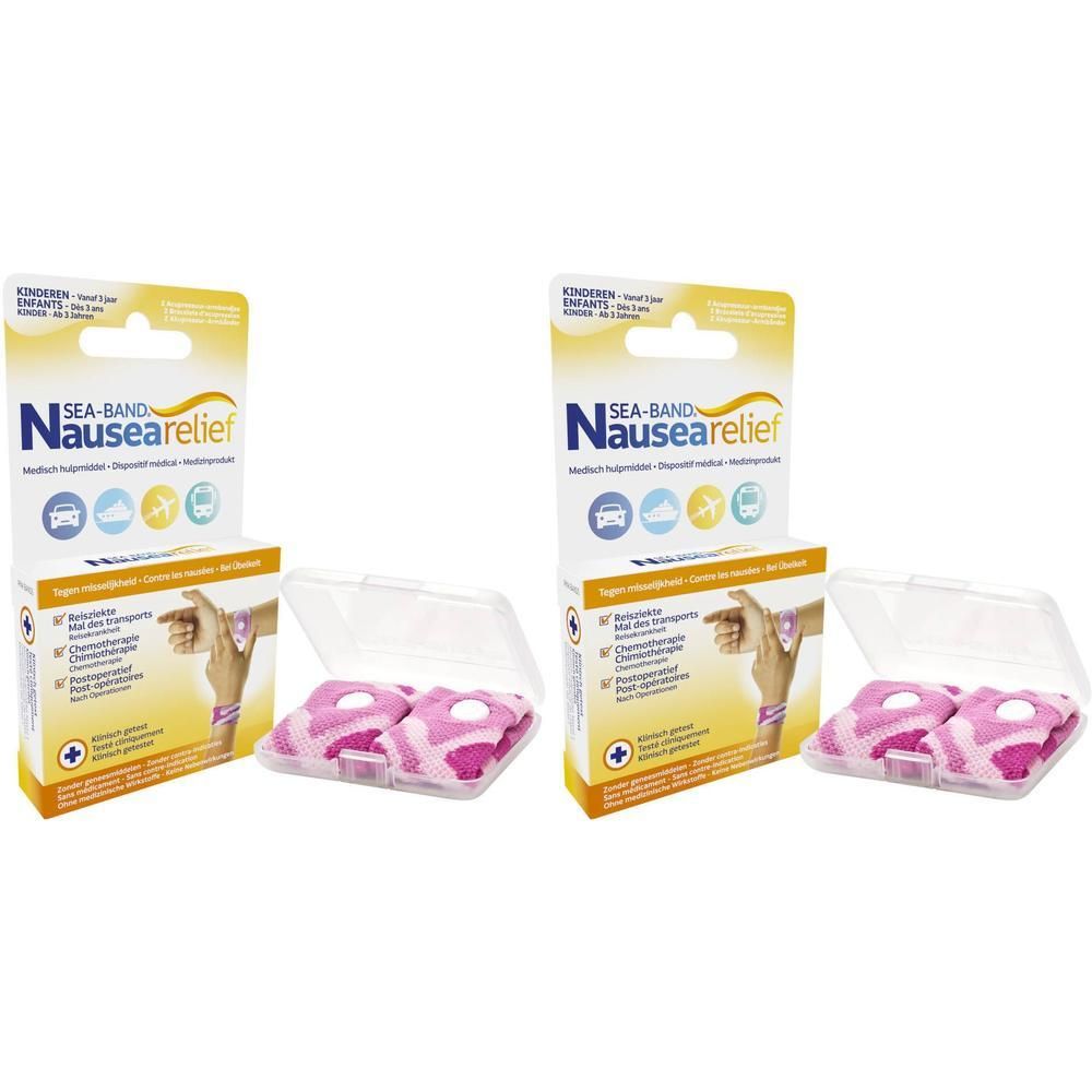 Twee verpakkingen SEA-BAND® Bande Poignet Enfant Rose. Roze polsbandjes in transparante doosjes en verpakking.
