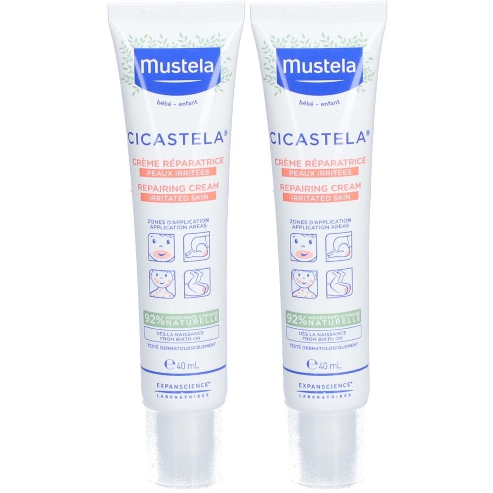 Twee tubes Mustela CICASTELA Crème Réparatrice. Witte tubes met blauwe tekst en illustraties. 40 ml.