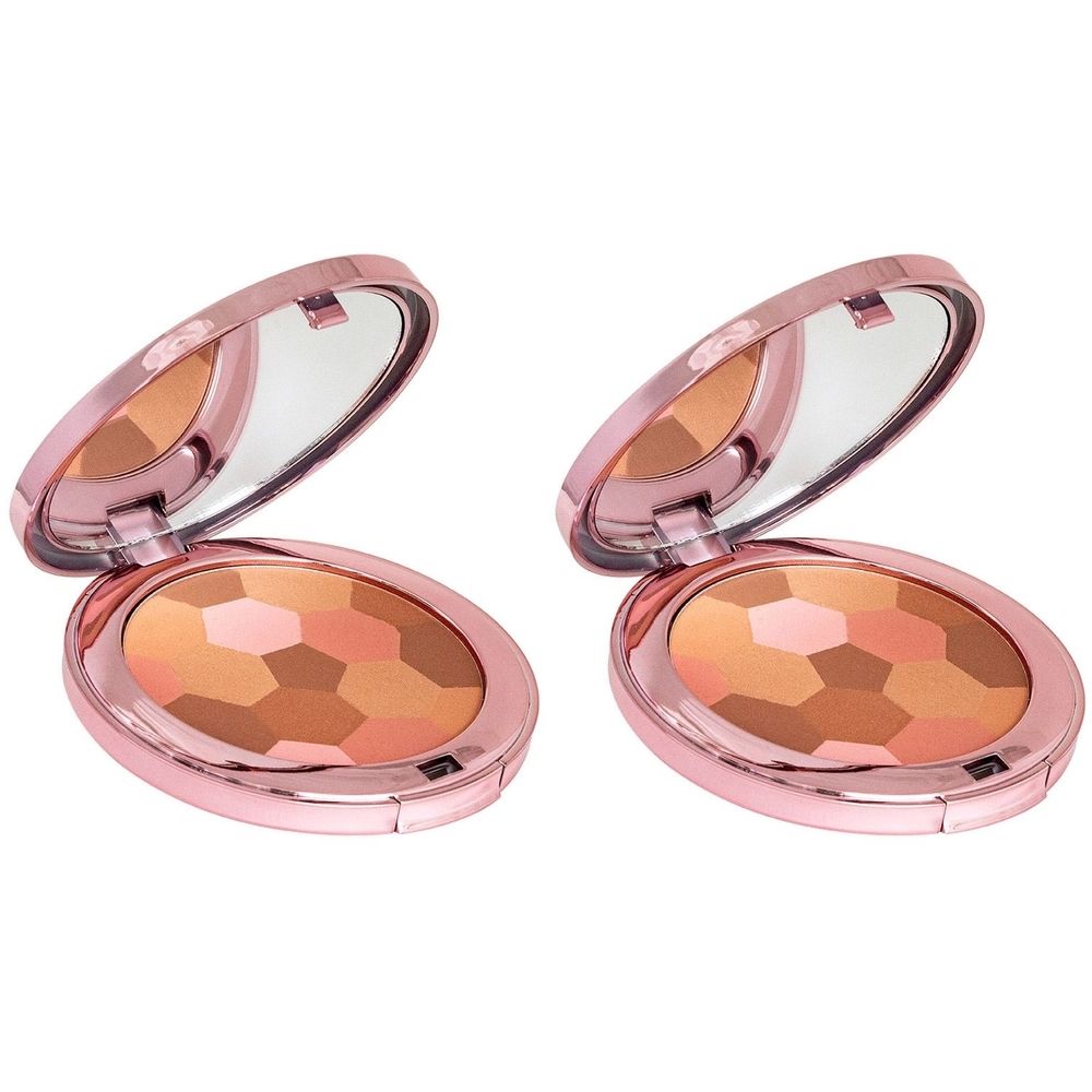 Deux poudres compactes ovales avec miroirs. Les poudres ont un boîtier rose et une surface géométrique multicolore.