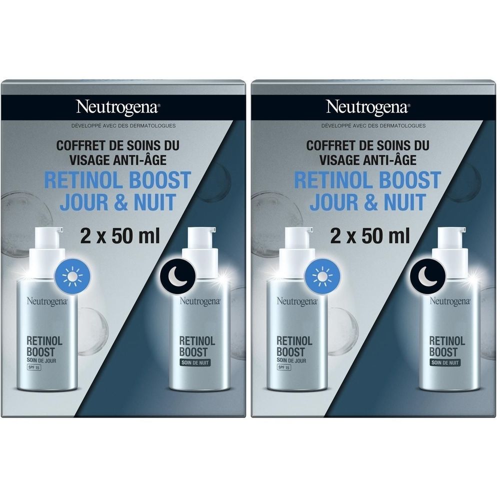Coffret Neutrogena Retinol Boost jour & nuit. Deux flacons avec pompes doseuses, symboles soleil et lune.