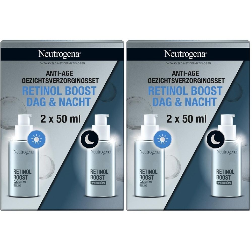 Neutrogena Retinol Boost dag & nacht set. Twee flacons met doseerpompen, zon- en maansymbolen.