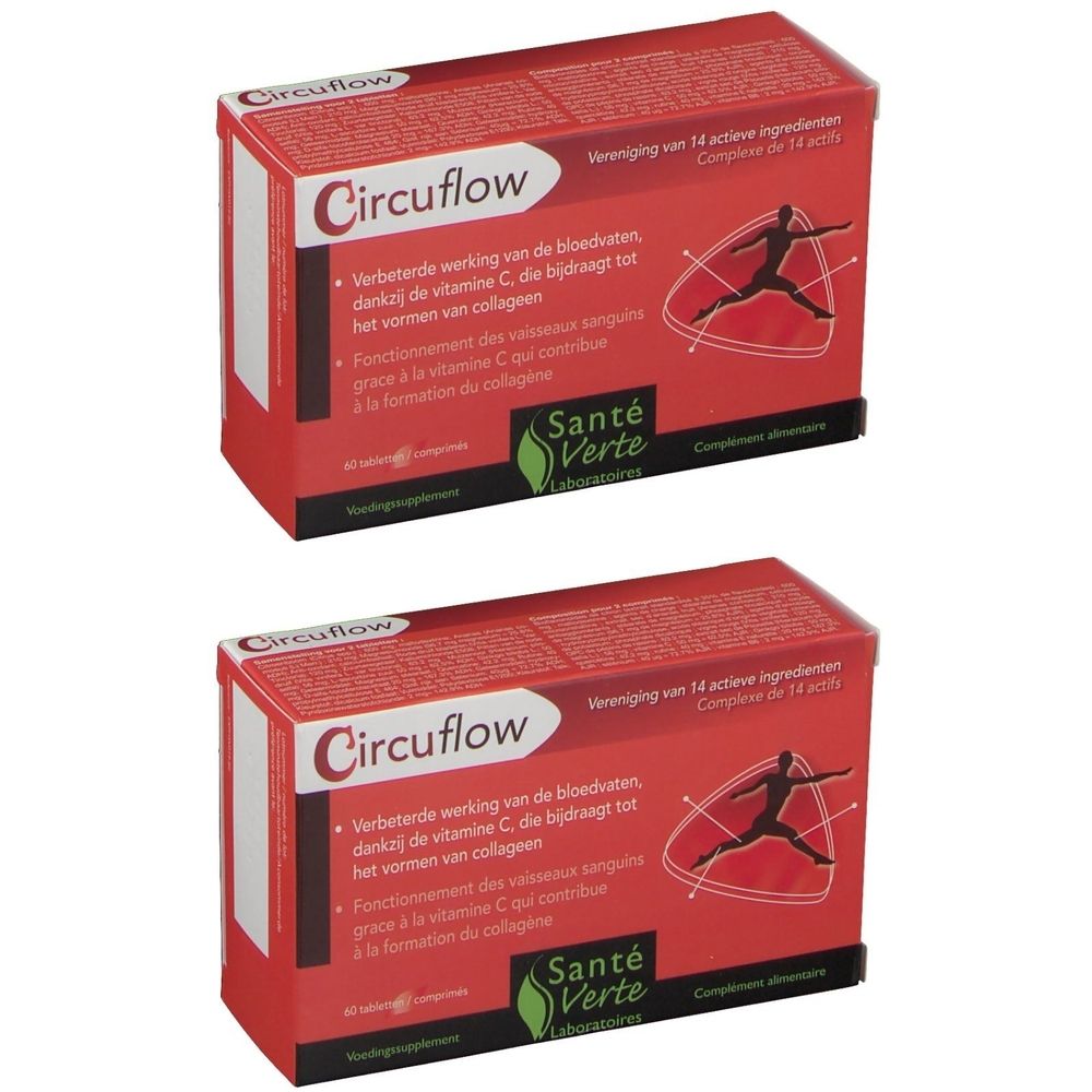 Twee rode dozen met "Circuflow". Tekst in het Nederlands en Frans. Merk: Santé Verte. Bevat 60 tabletten.