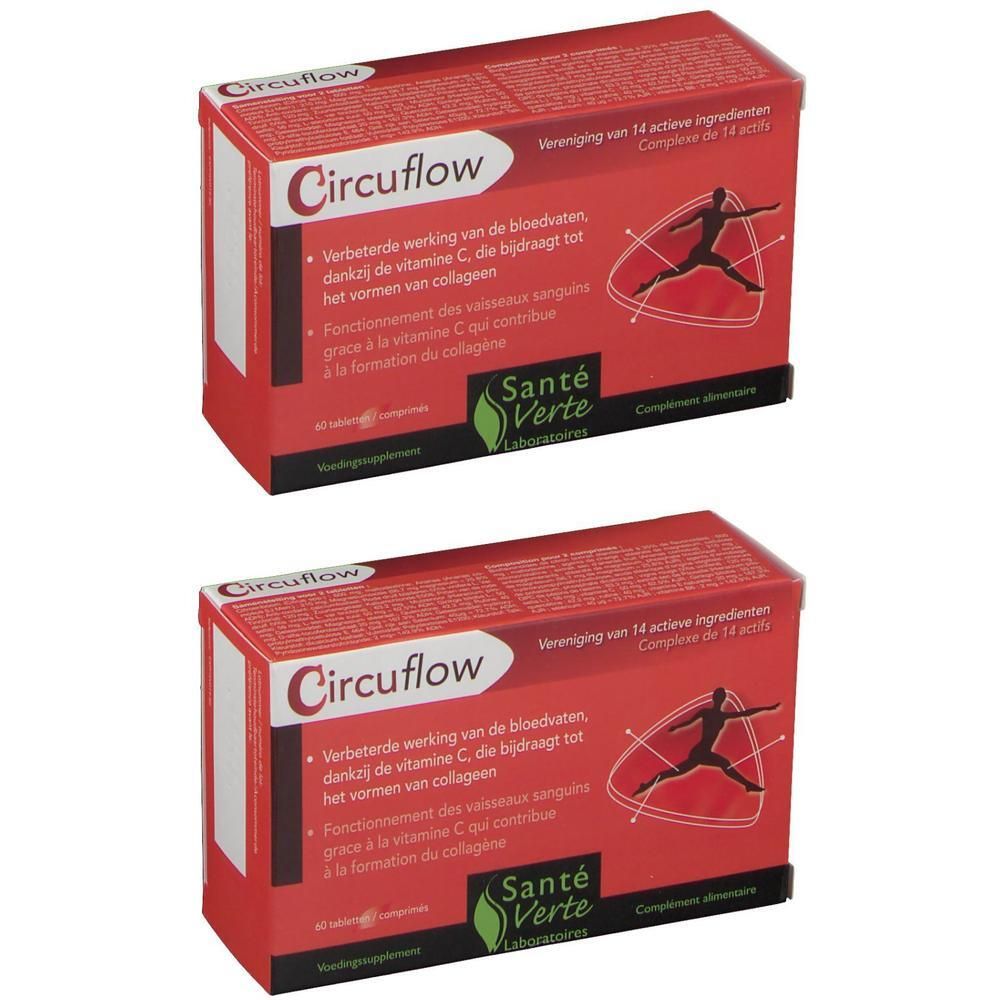 Twee rode dozen met "Circuflow" en tekst. Bevat 60 tabletten. Merk: Santé Verte. Opschrift: "Verbeterde werking van de bloedvaten".