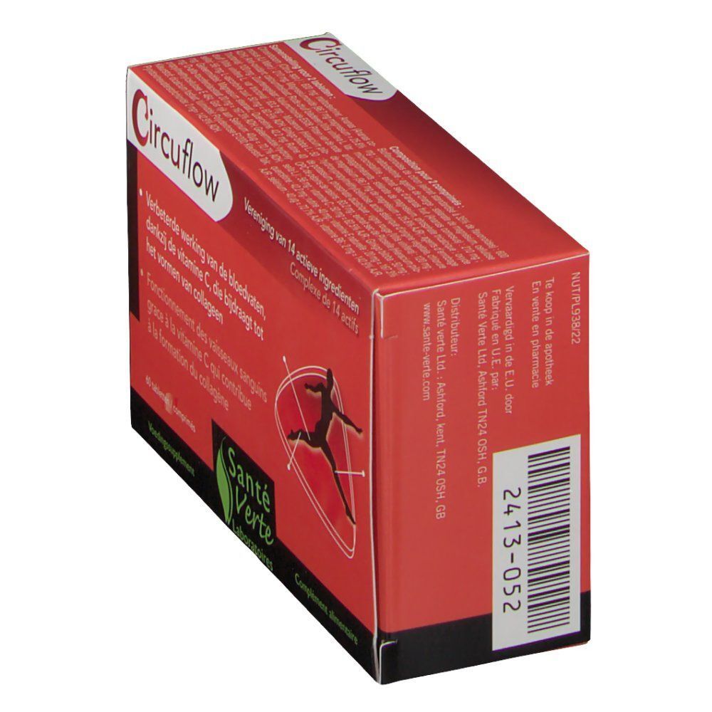 Rode doos "Circuflow". Opschrift: "Verbeterde werking van de bloedvaten". Merk: Santé Verte. Barcode en tekst op de zijkant.