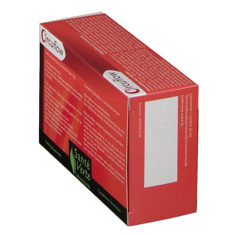 Rode doos "Circuflow". Merk: Santé Verte. Tekst over ingrediënten en gebruik. Een wit veld op de zijkant.