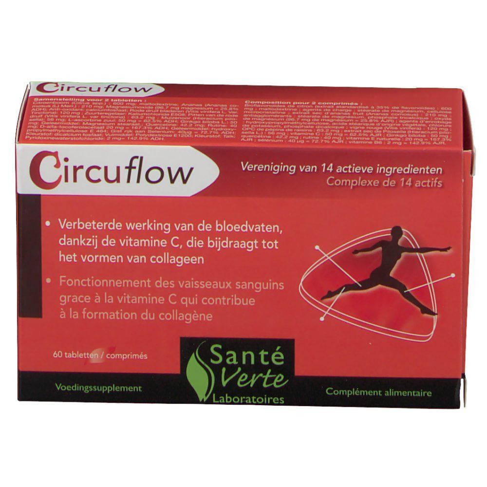 Rode doos "Circuflow". Bevat 60 tabletten. Merk: Santé Verte. Opschrift: "Verbeterde werking van de bloedvaten".