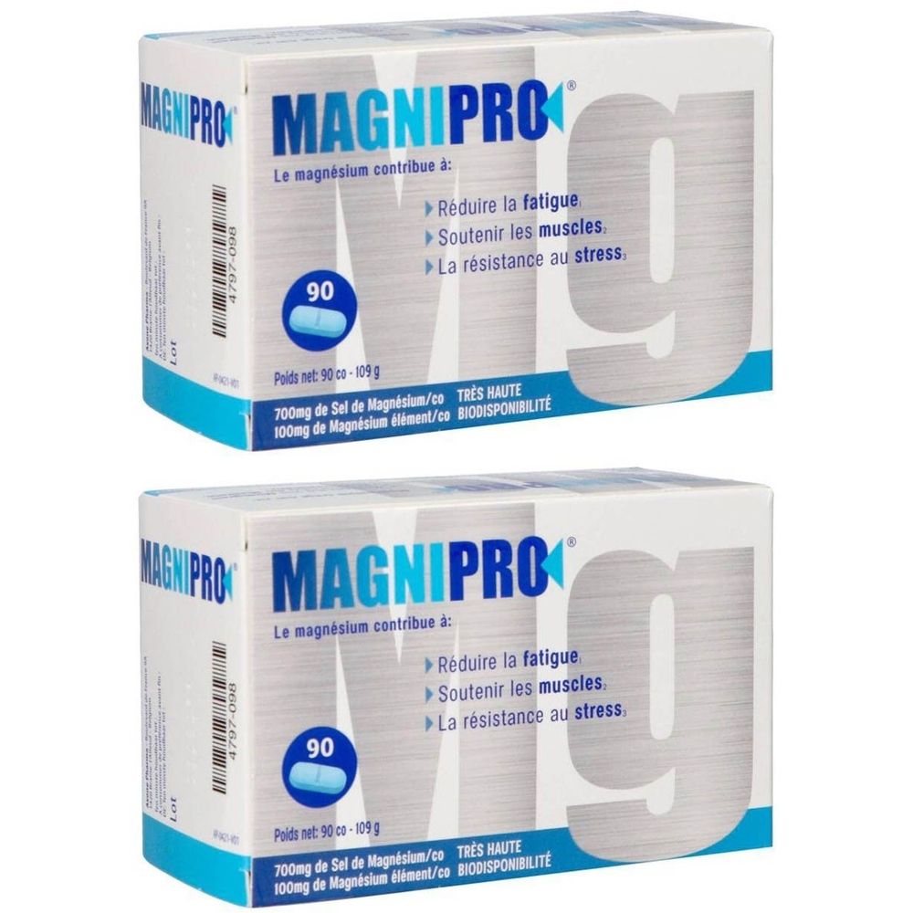 Twee dozen Magnipro®. Opschrift: 90 tabletten, magnesiumgehalte. Vermindert vermoeidheid, ondersteunt spieren, stressbestendigheid.