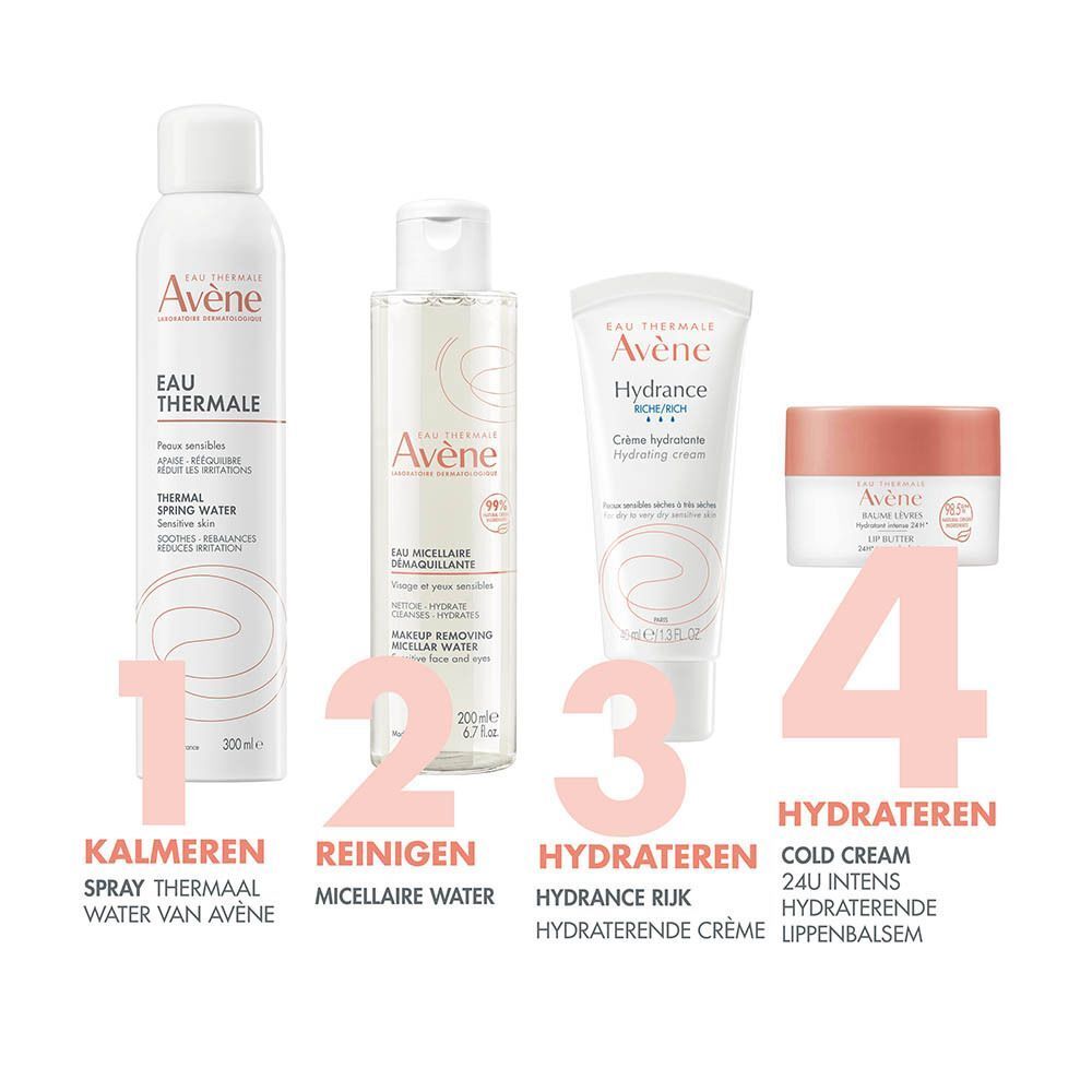Vier Avene huidverzorgingsproducten: thermaalwater spray, micellair water, hydraterende crème en lippenbalsem.
