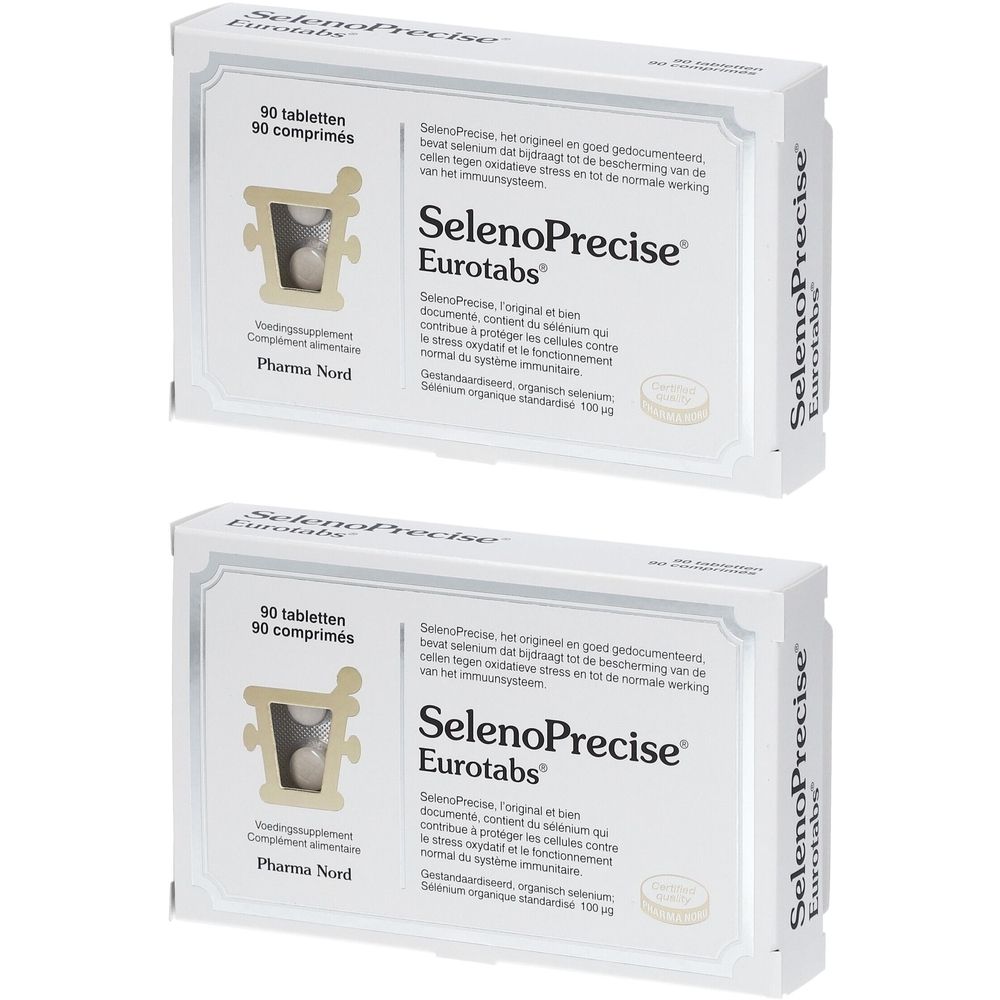 Deux boîtes de Pharma Nord SelenoPrecise Eurotabs. Boîtes blanches avec nom et logo du produit. 90 comprimés par boîte.