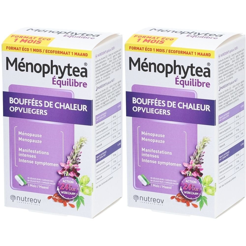 Twee dozen Ménophytea Équilibre. Opschrift: Bouffées de Chaleur. Paarse en witte verpakking met productnaam en logo.