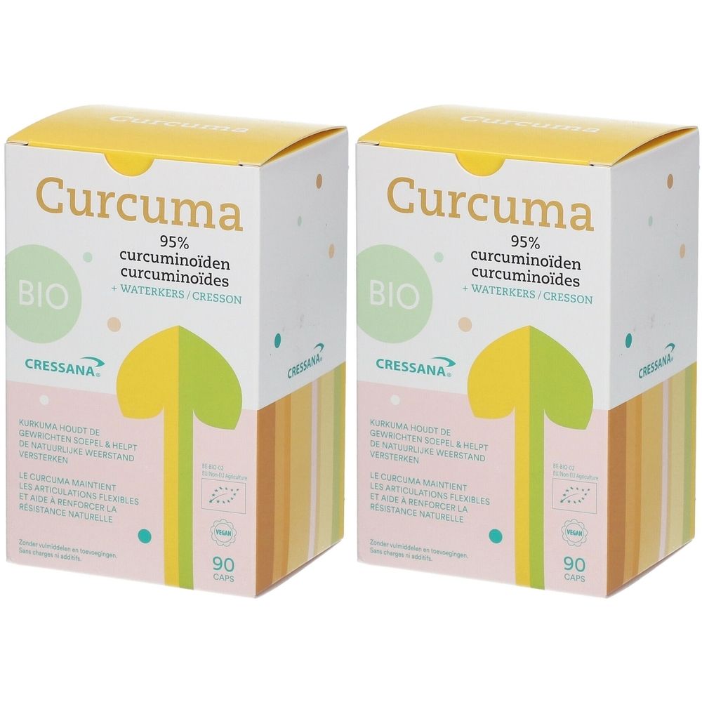 Deux boîtes de "Curcuma". Inscription: 95% curcuminoïdes, BIO, CRESSANA. Contient 90 capsules.