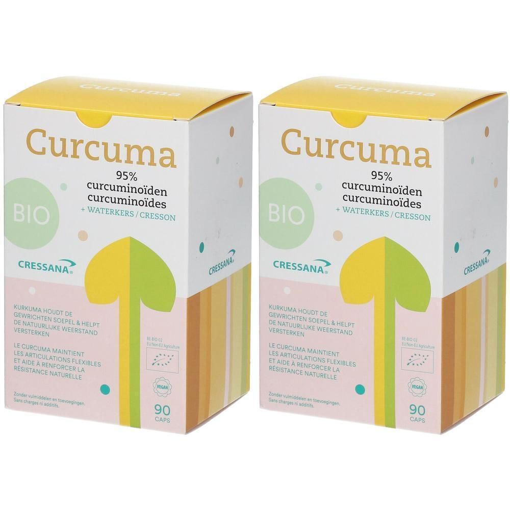 Twee dozen met gele deksel. Opschrift Curcuma, 95% curcuminoïden, BIO-zegel. 90 capsules. CRESSANA® logo.