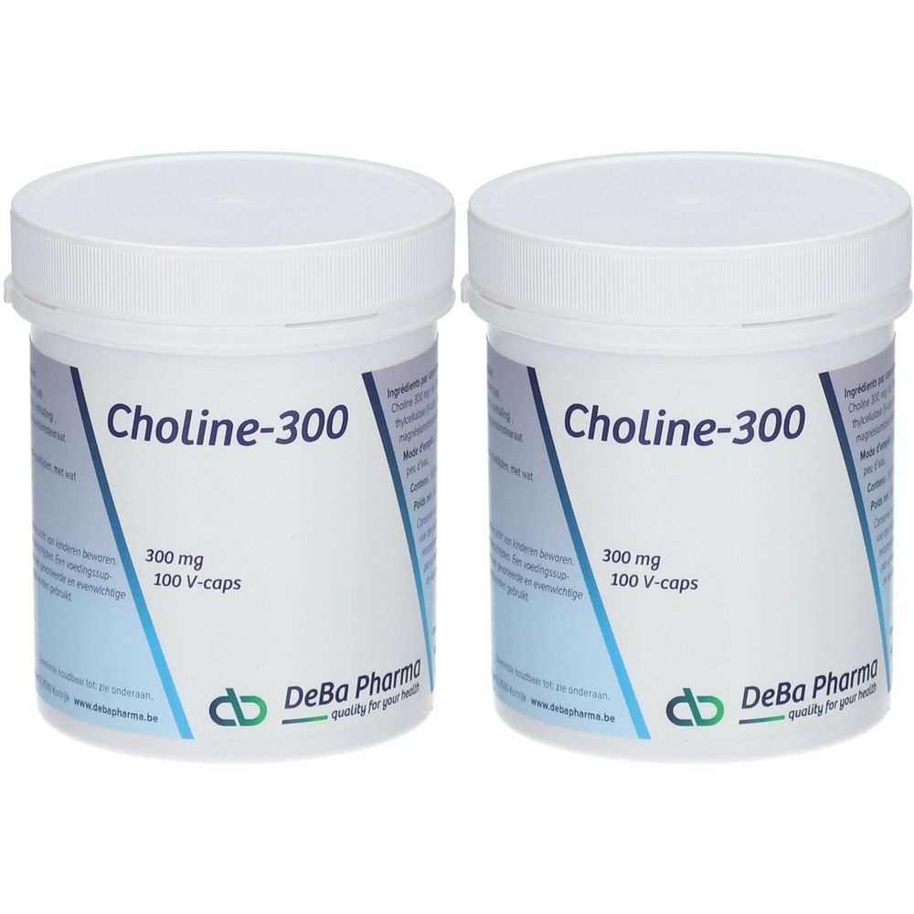 Twee witte potten met deksels. Opschrift Choline-300, 300 mg, 100 V-caps. Logo DeBa Pharma.