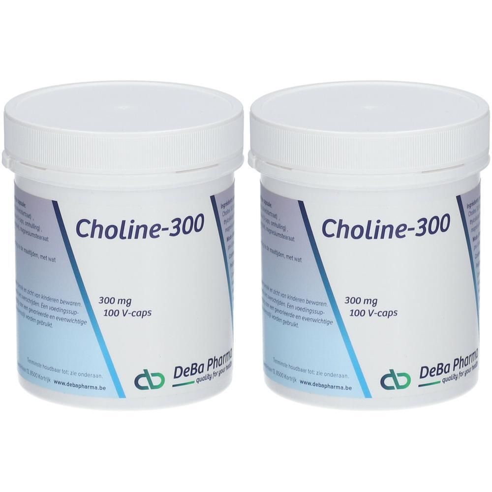 Twee witte potten met blauw-witte etiketten. Opschrift: Choline-300, 300 mg, 100 V-caps. Logo DeBa Pharma.