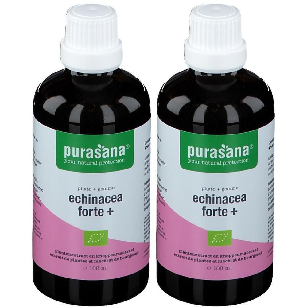 Twee flessen Purasana Echinacea Forte+. Groene etiketten, witte doppen. Bio-certificering. Zwarte vloeistof zichtbaar.