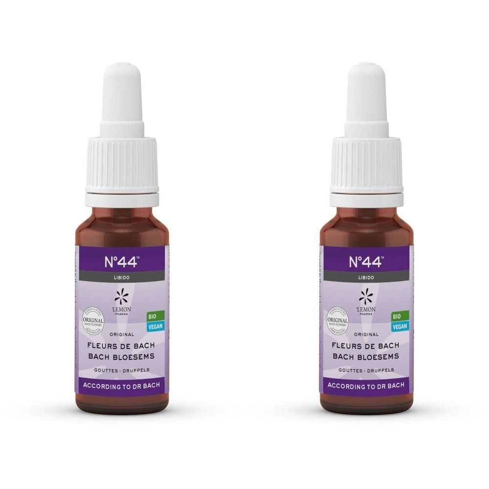 Twee bruine flessen met witte dop. Labels met N°44, Fleurs de Bach, Bach Bloesems. Bio-keurmerk.